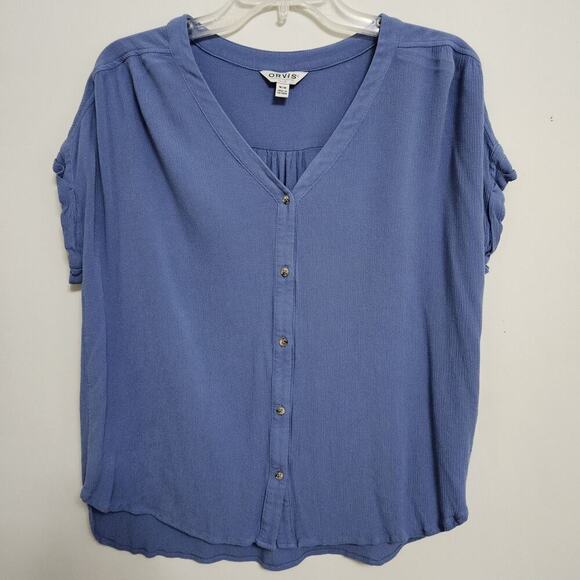 Orvis Womens M Light Blue Rayon Short Sleeve Button Front V-Neck Blouse Top - Picture 1 of 9